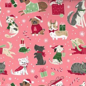 Hallmark Wrapping Paper Christmas Cute Cats and Dogs Pink 35 sq ft Roll Holiday
